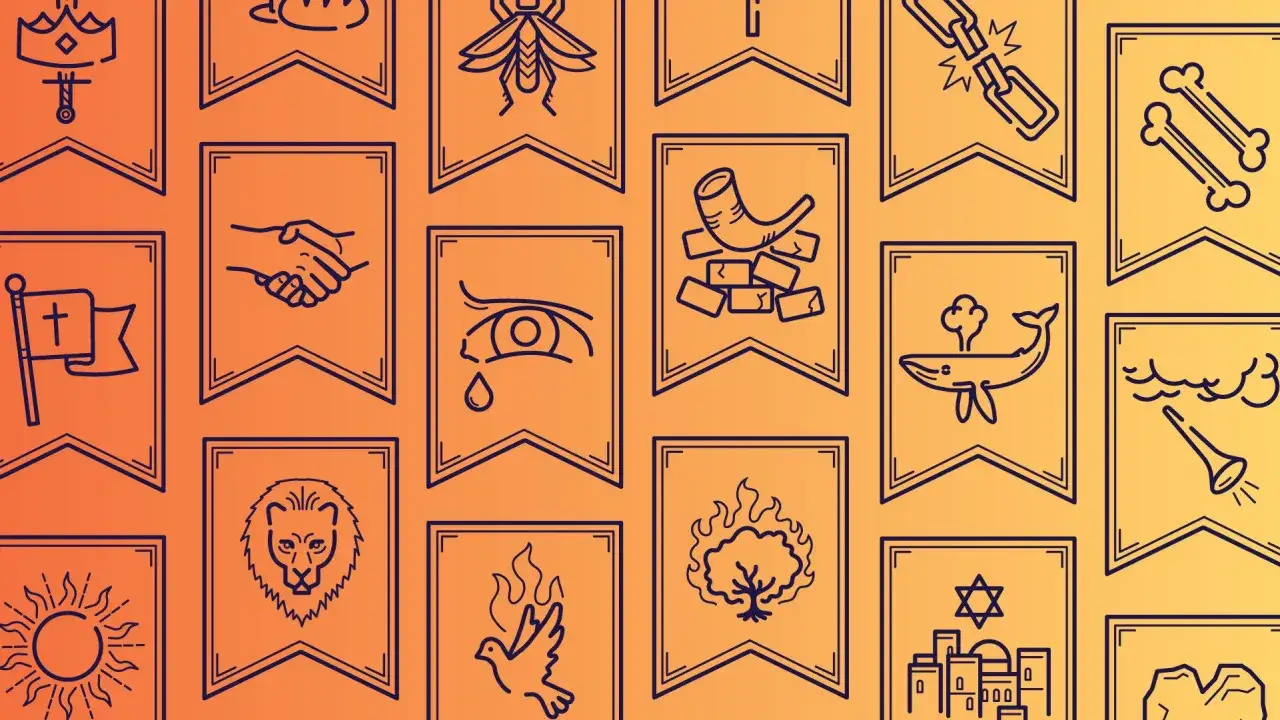 A collection of simple line drawings on orange banners, depicting scenes and symbols from old testament biblical art, like a lion, a whale, and a burning bush.