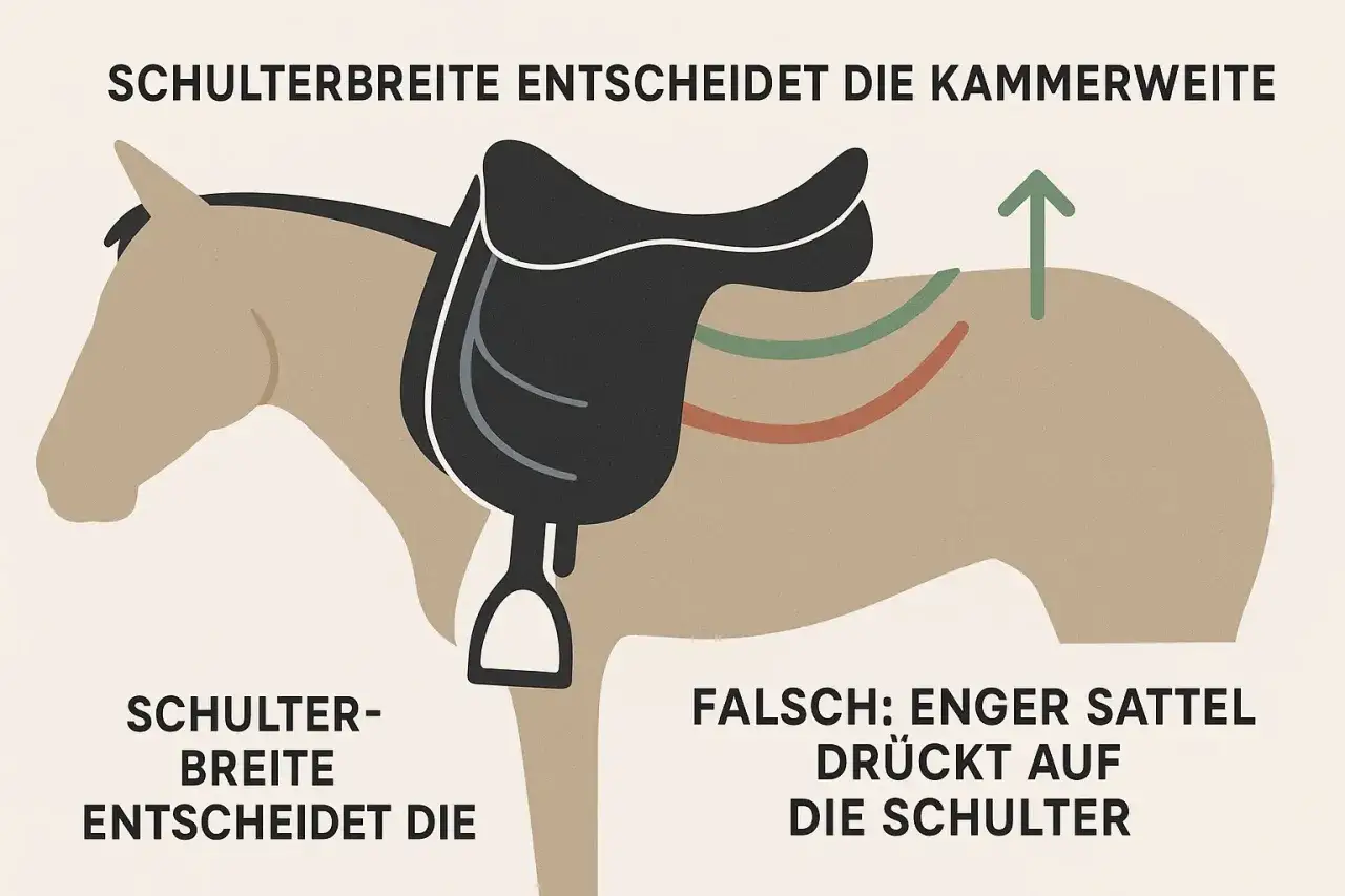 Illustration zeigt, wie die Schulterbreite die Kammerweite beeinflusst. Ein zu enger Sattel drückt auf die Schulter.