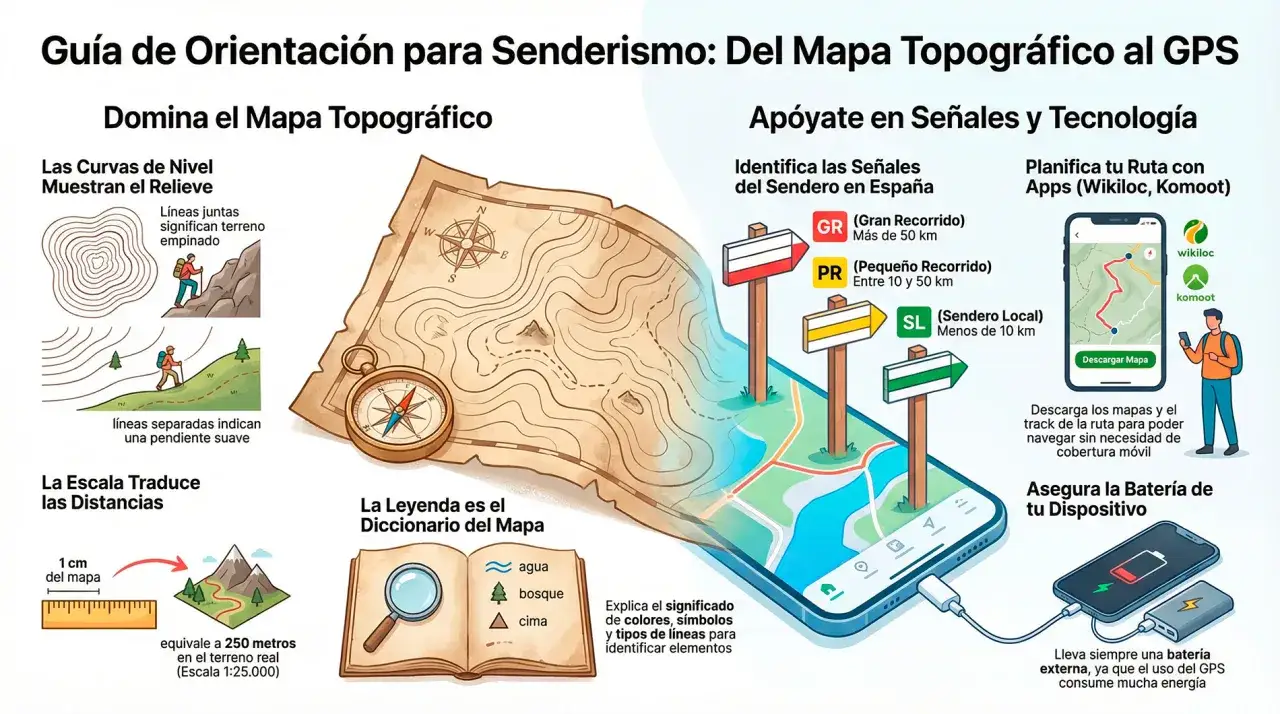 Guía de senderismo: mapa topográfico, brújula, señales de ruta y apps GPS. Aprende a leer un mapa profesional para tus aventuras.