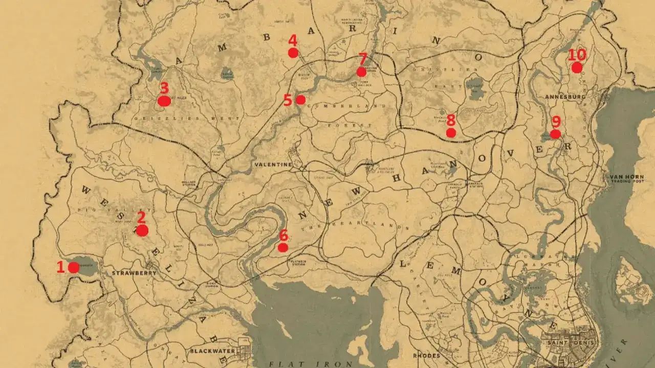 Mapa de Red Dead Redemption 2 con 10 puntos marcados, indicando ubicaciones de rocas talladas rdr2.