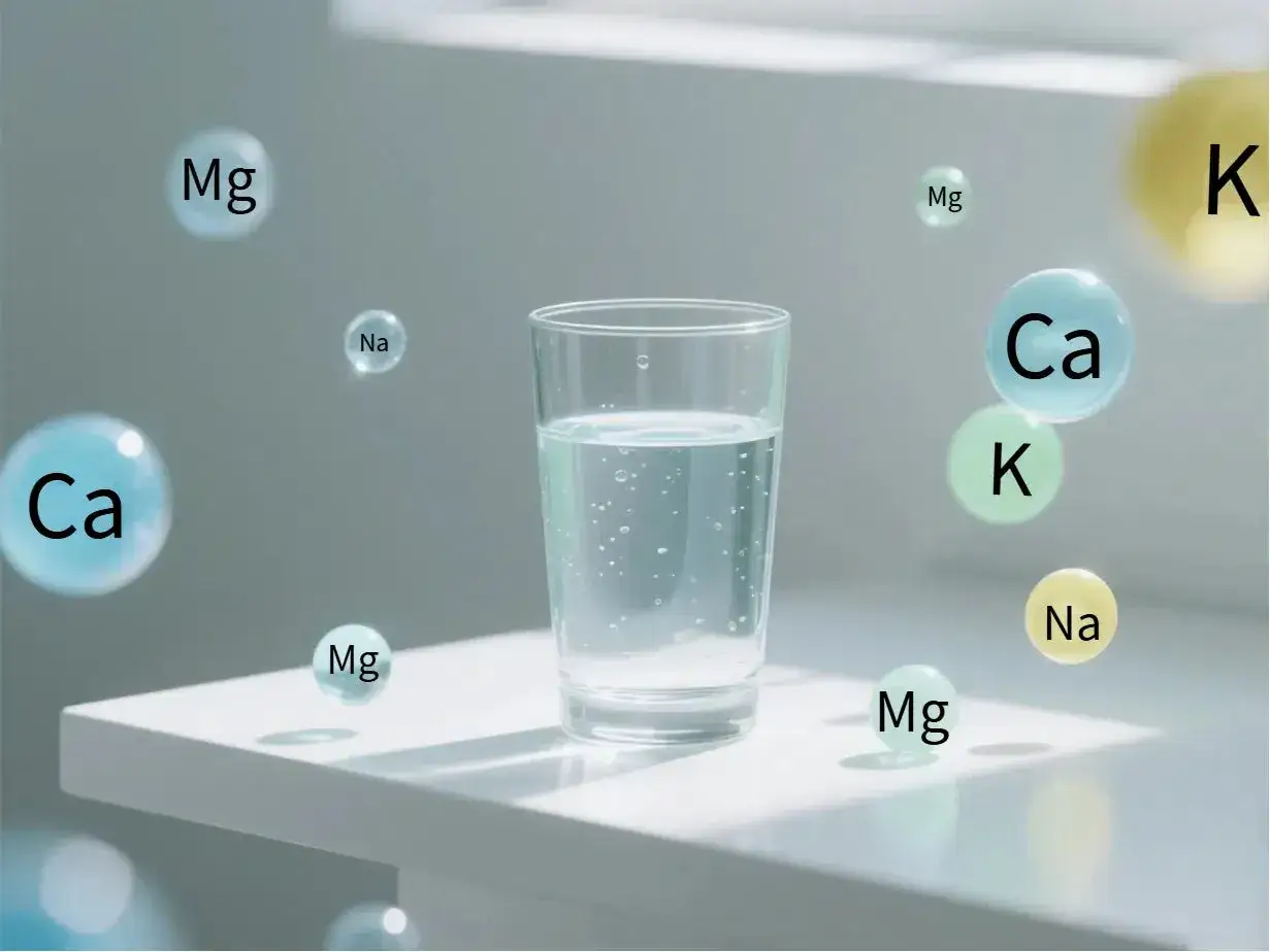 Un verre d'eau pure, entouré de bulles symbolisant le calcium (Ca), le magnésium (Mg), le sodium (Na) et le potassium (K). Une illustration de l'eau sans minéraux.