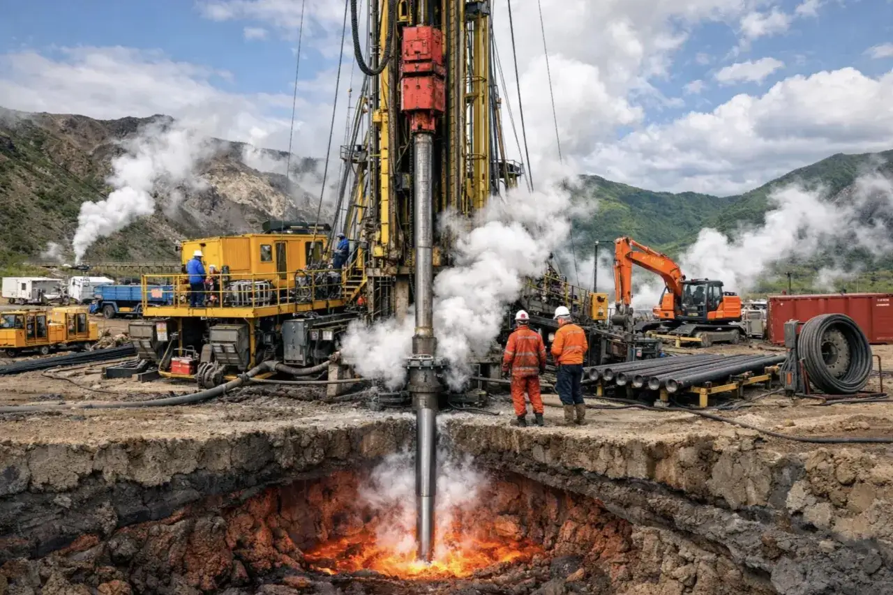 Arbeiter überwachen das Bohrloch für das Hot Dry Rock Verfahren. Dampf steigt auf, während die Bohrung in glühendes Gestein vordringt.
