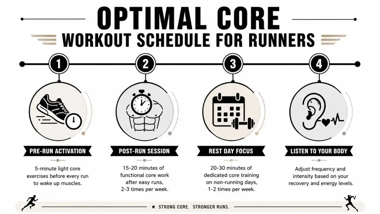 Schema allenamento addominali per runner: attivazione pre-corsa, sessione post-corsa, focus riposo, ascolto corpo.