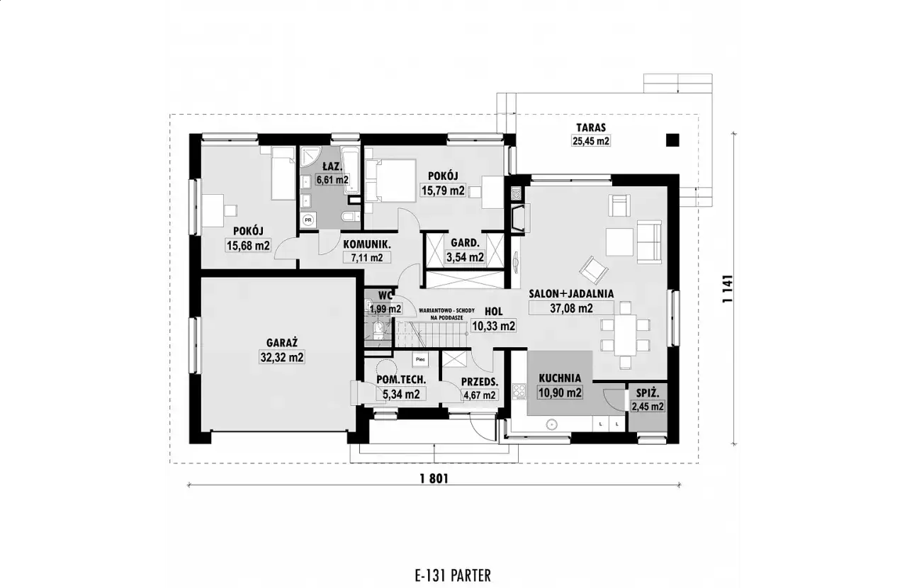 Rzut parteru projektu domu 60m2: garaż, salon z jadalnią, kuchnia, 2 pokoje, łazienka, garderoba, pomieszczenie techniczne, taras.