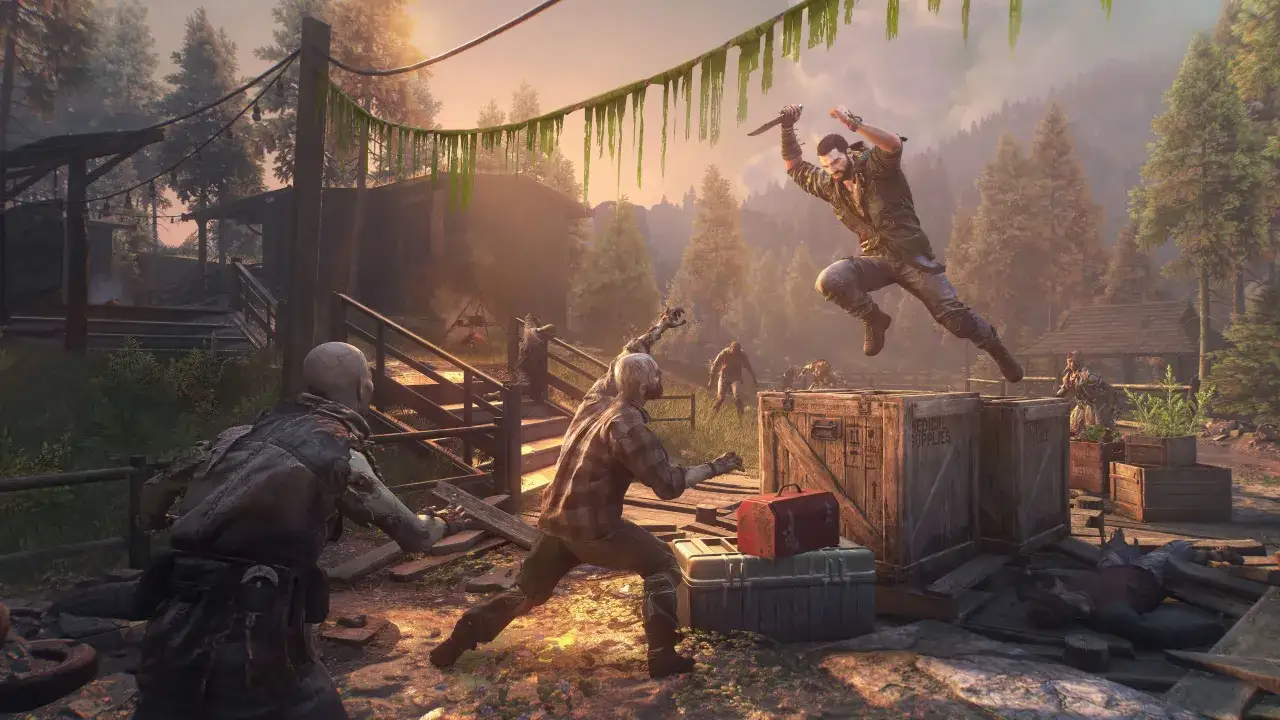 Gracz skacze nad zombie z nożem w ręku. Scena z gry Dying Light The Beast, sugerująca wymagania sprzętowe.