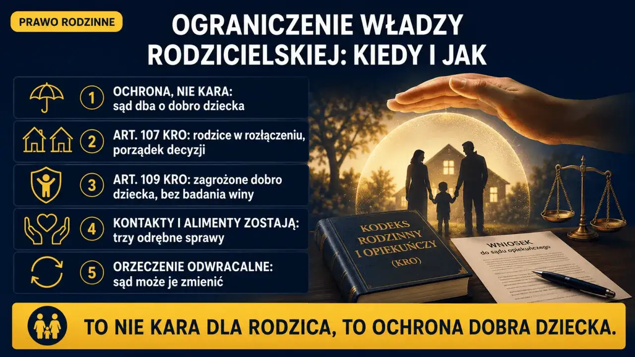 Ograniczenie władzy rodzicielskiej to ochrona dobra dzieci, nie kara. Sąd dba o dzieci, reguluje kontakty i alimenty.