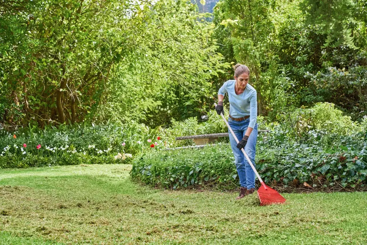 Donna rastrella l'erba tagliata per la cura del prato, in un giardino rigoglioso con fiori colorati.