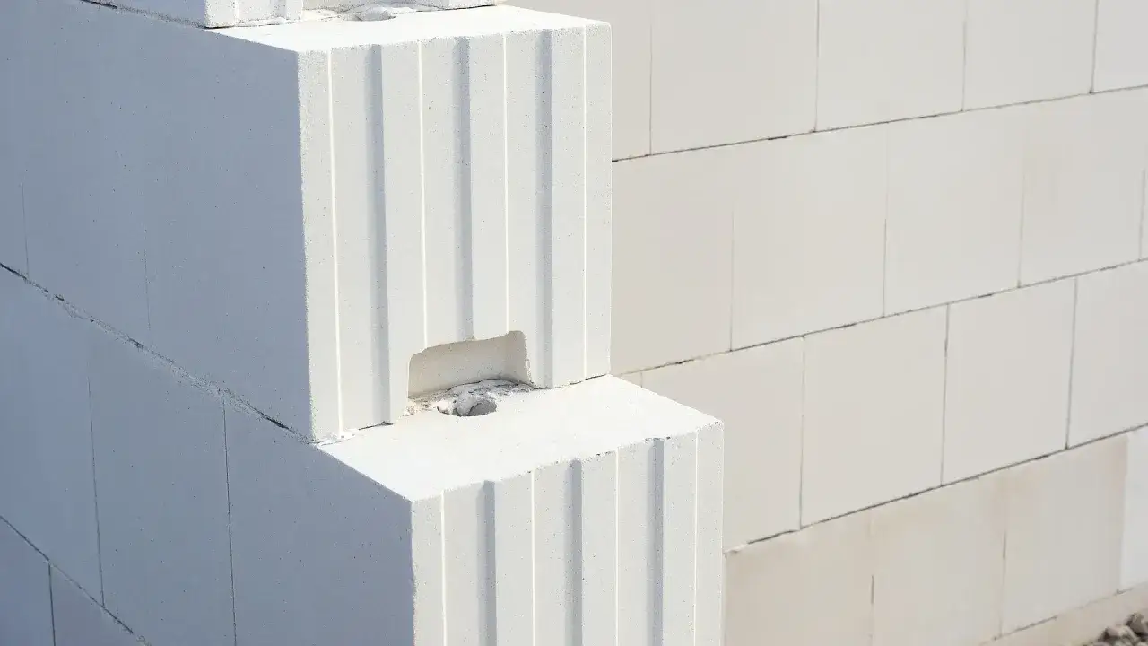 Wei&szlig;e, por&ouml;se anorganische Baustoffe im Rohbau. Die Ziegelsteine sind gestapelt und bilden eine Wand.