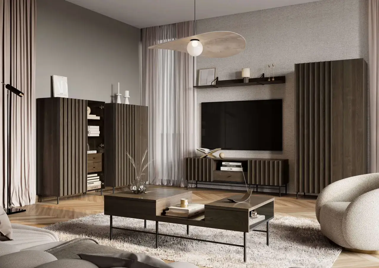 Nowoczesny salon z meblami w barwie brązowej. Drewniane fronty szafek i stolik kawowy tworzą spójną całość.