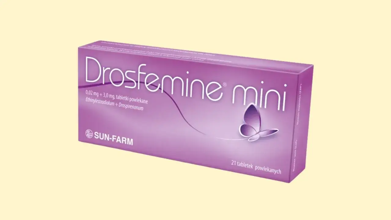 Opakowanie tabletek antykoncepcyjnych Drosfemine mini z motylem. Zawiera 21 tabletek powlekanych.