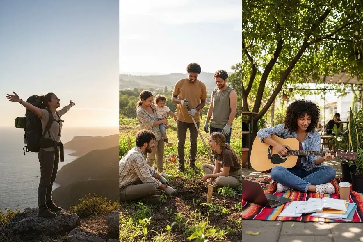 Podróżniczka na szczycie, ludzie pracujący w ogrodzie i dziewczyna grająca na gitarze – to wszystko może być częścią wymarzonego **gap year**.