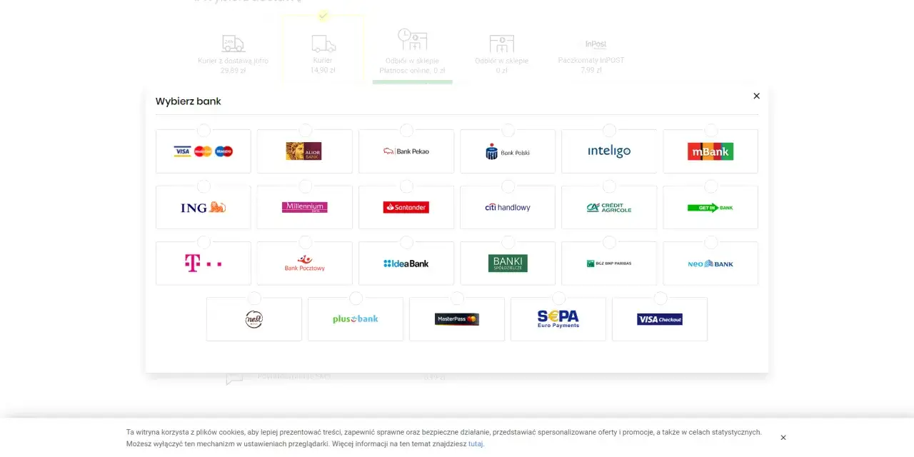 Wybór banku do płatności online, w tym jak płacić PayPal w sklepie. Widoczne logo Visa, Mastercard, Alior Bank, mBank, ING, Santander i inne.