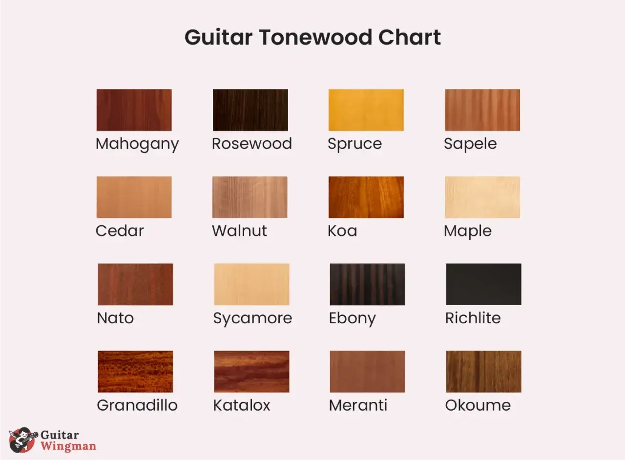 Wykres drewna gitarowego: okoume, meranti, katalox, granadillo, nato, sycamore, ebony, richlite, koa, walnut, cedar, mahogany, rosewood, spruce, sapele, maple.