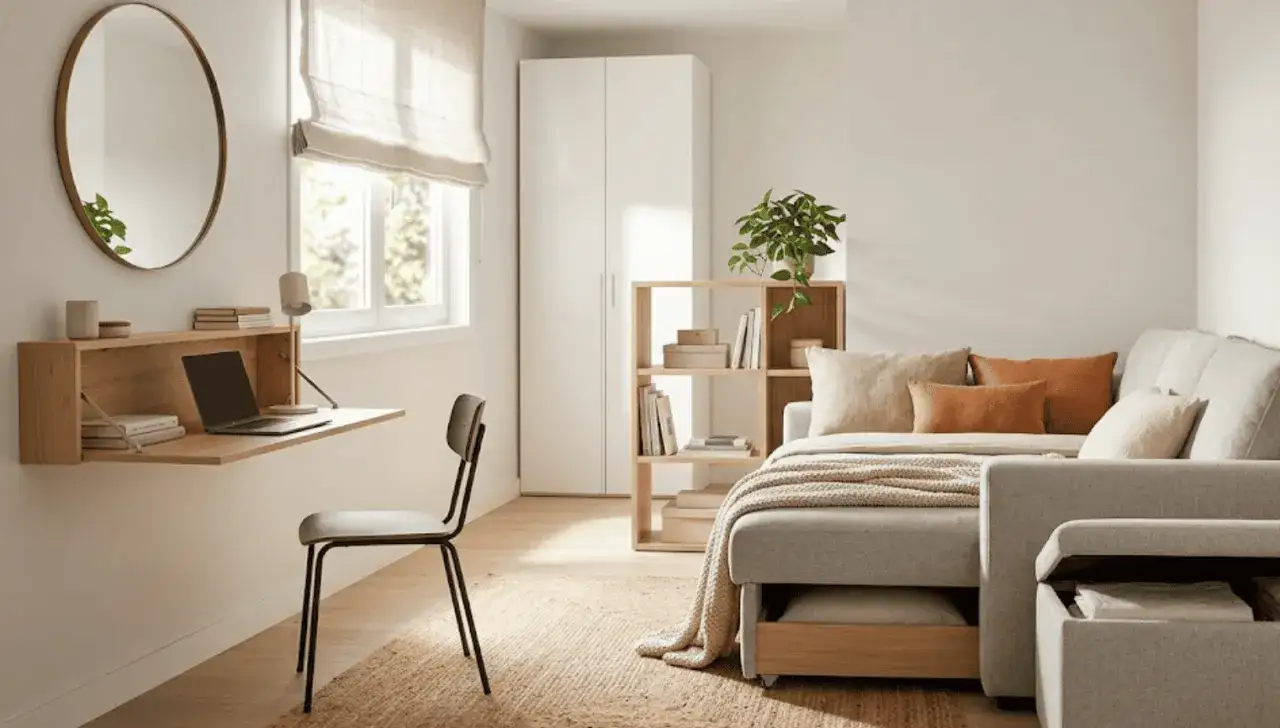 Habitaci&oacute;n de invitados y estudio con escritorio plegable, sof&aacute; cama y estanter&iacute;a.