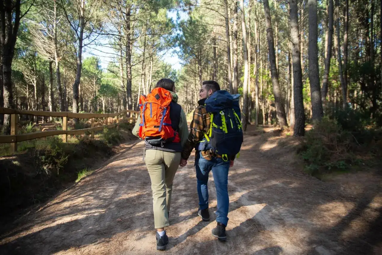 Para idąc leśną ścieżką, z plecakami na plecach. Zła wysokość kijków trekkingowych może prowadzić do bólu pleców i kolan.