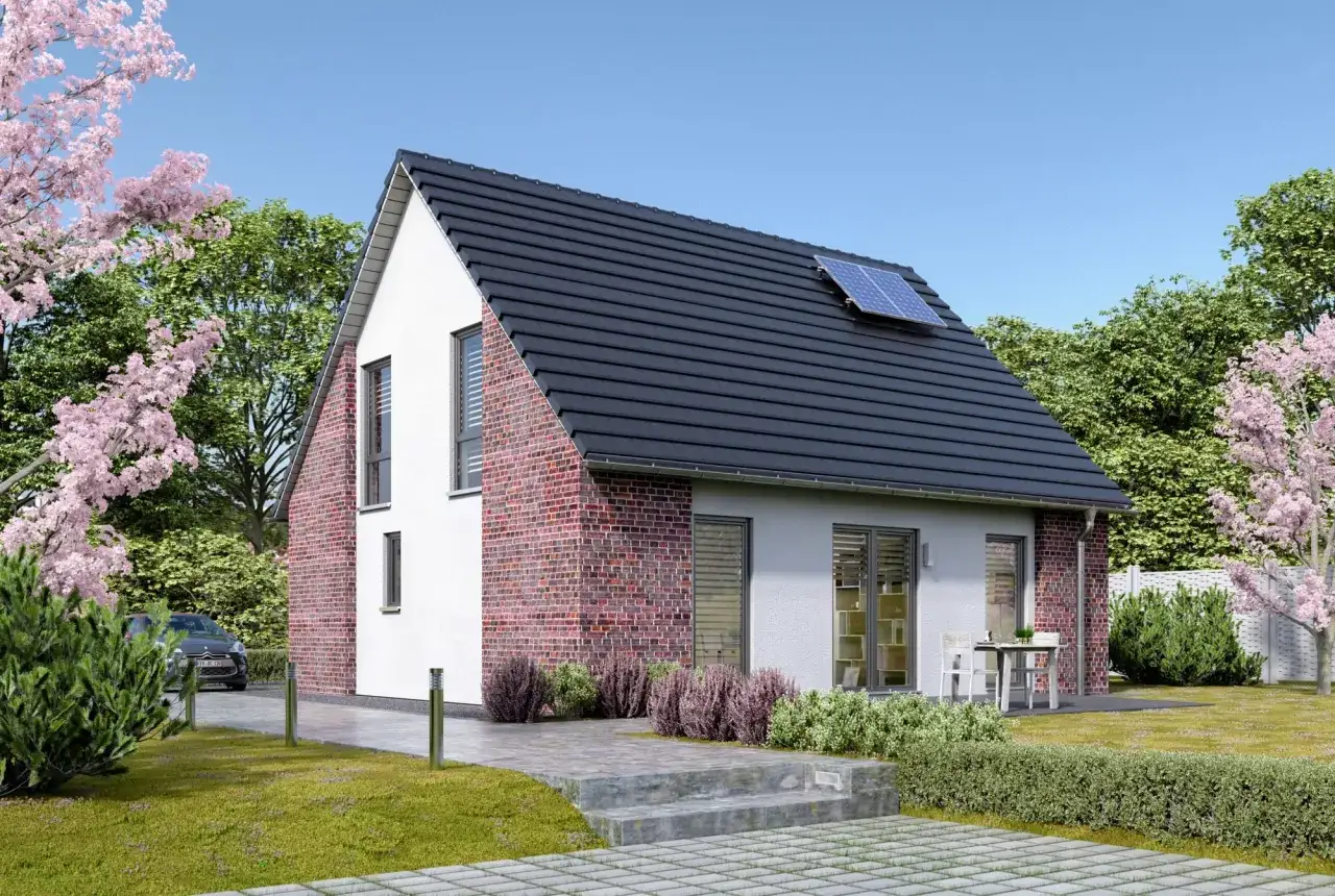 Modernes Haus mit einer ansprechenden mischfassade klinker putz, umgeben von blühenden Bäumen und grünen Büschen.