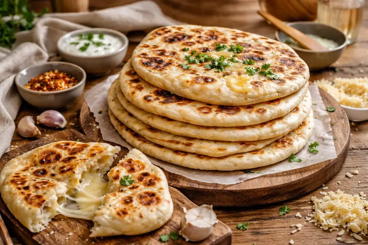 Délicieux naan nature à la poêle, un fromage fondant s'échappe d'un pain ouvert. Parfait pour accompagner vos plats.