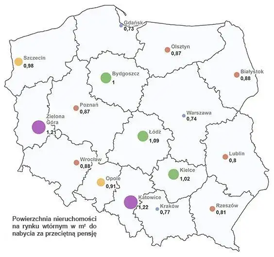 Mapa Polski z zaznaczonymi obszarami cenowymi nieruchomości