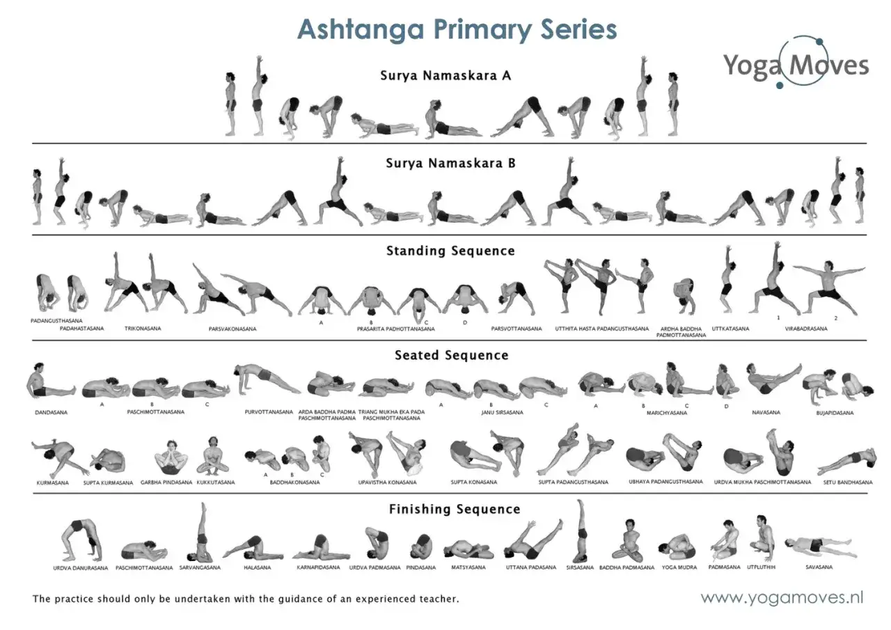 Secuencia de asanas de Ashtanga Yoga: Surya Namaskara A y B, secuencias de pie, sentadas y finales.