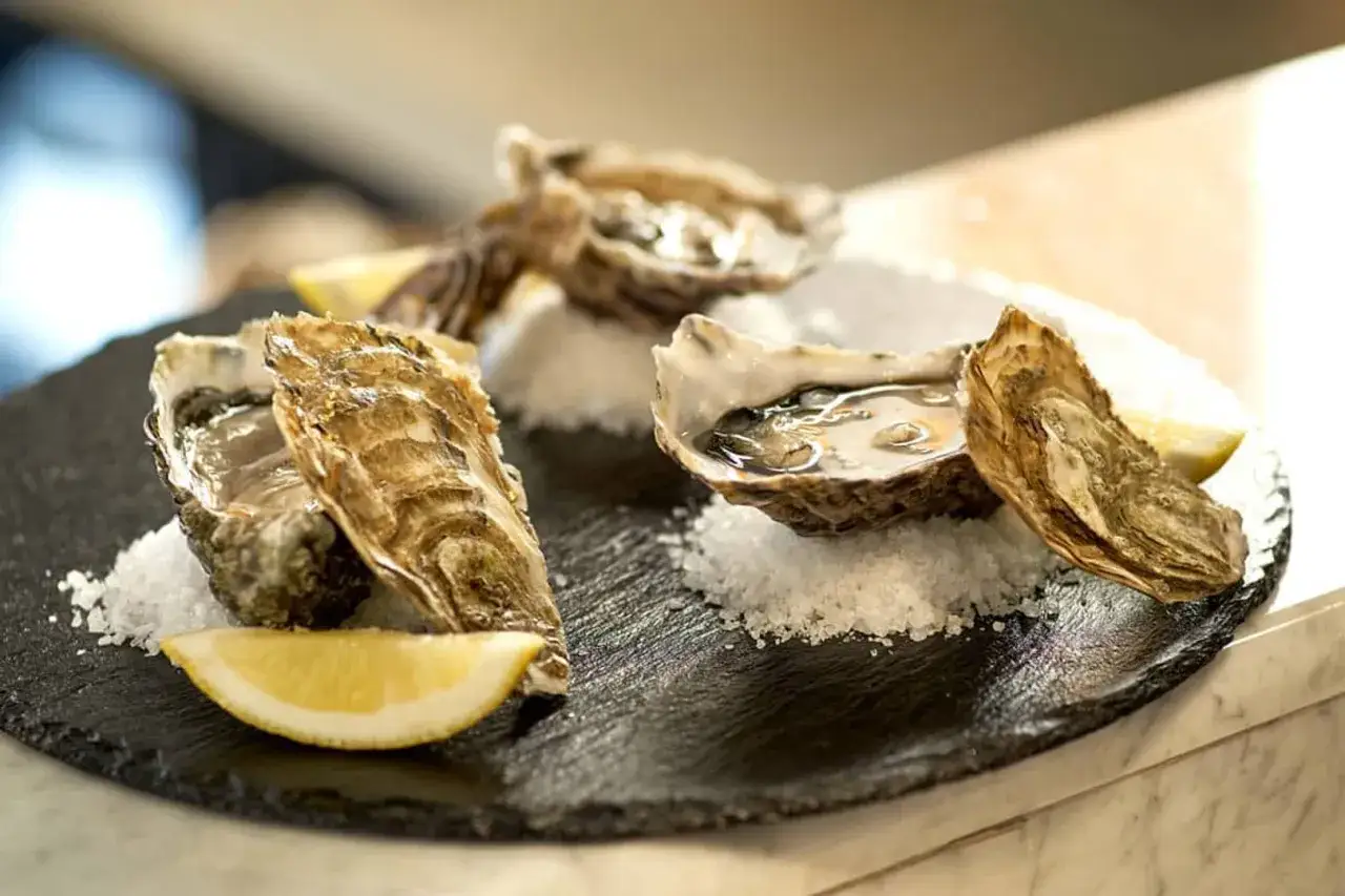 Ostriche fresche su letto di sale grosso con spicchi di limone, un assaggio dei migliori ristoranti di pesce a Milano.