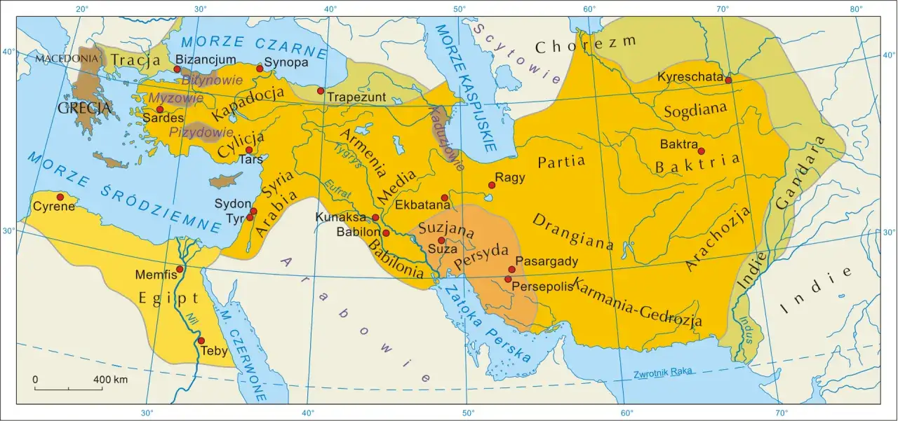 Mapa przedstawia podb&oacute;j Persji przez Aleksandra Macedońskiego, ukazując jego drogę od Grecji przez Azję Mniejszą, Egipt, Mezopotamię aż po Indie.