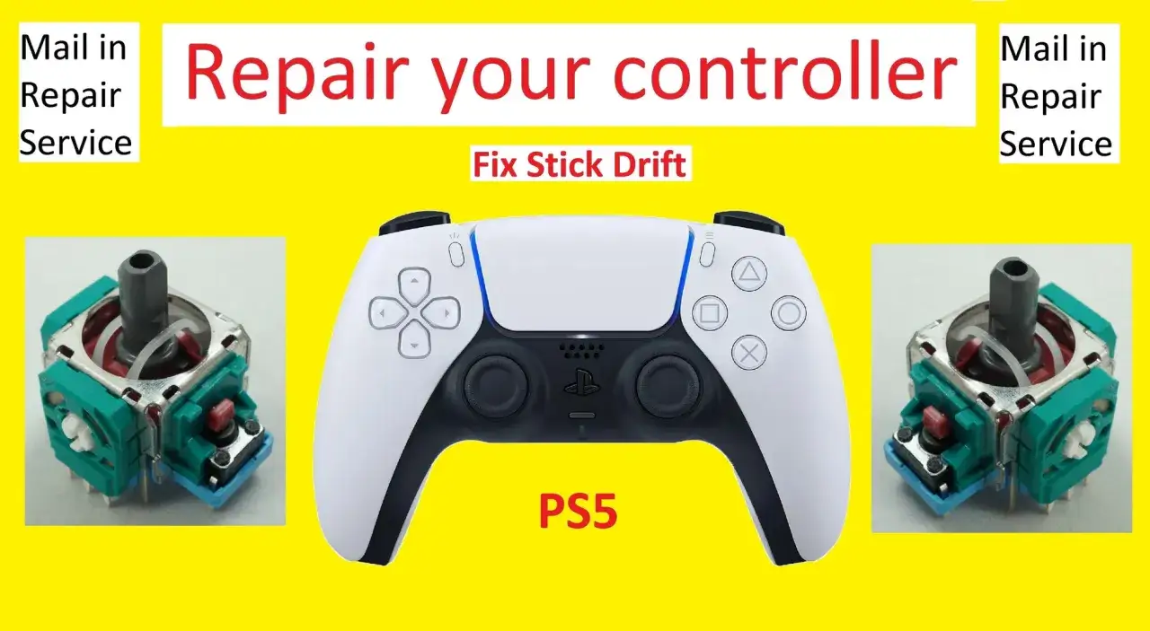 Servicio de reparación para arreglar drift en mando PS5. Muestra un mando PS5 y dos joysticks de repuesto.
