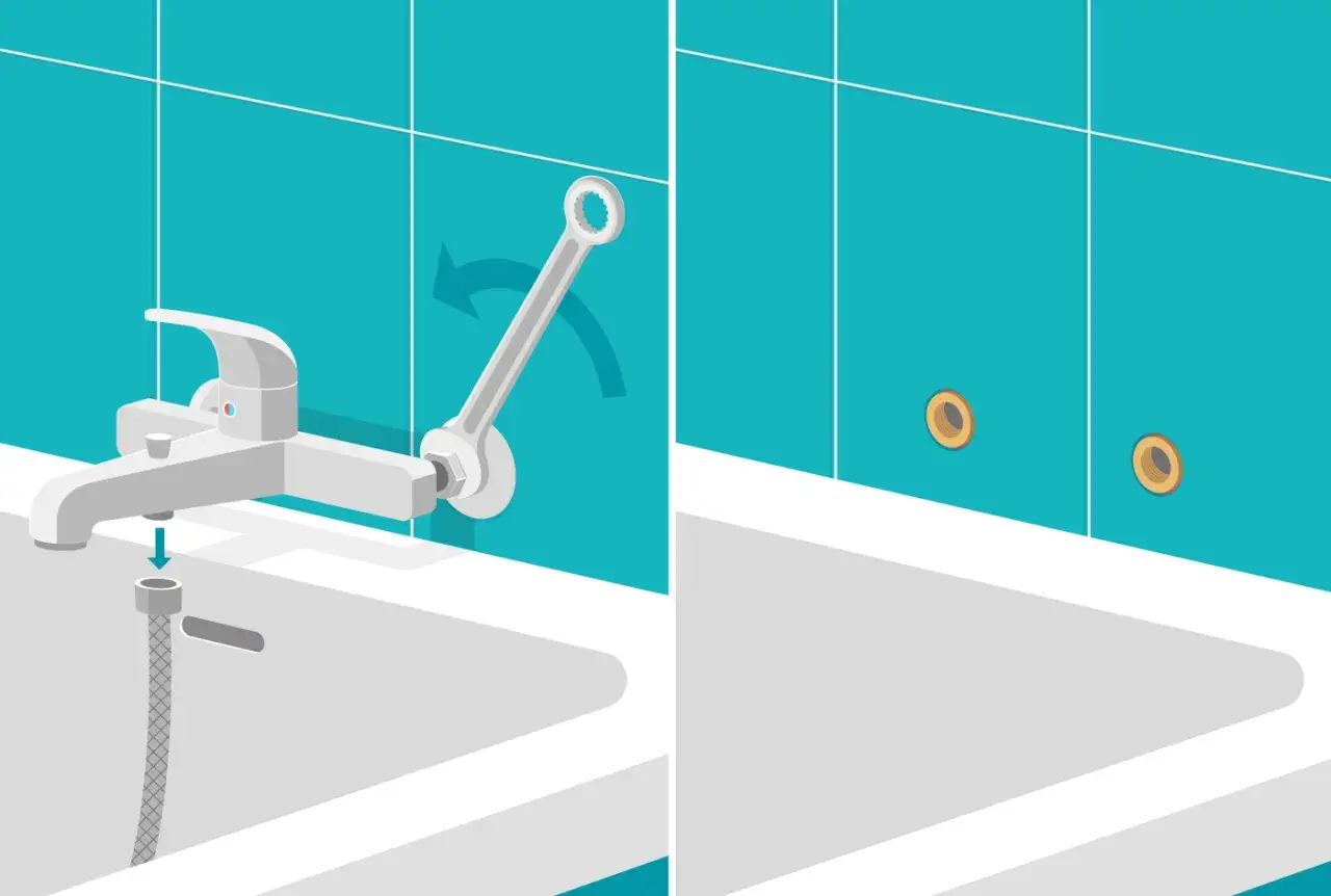 Illustration montrant comment installer robinet baignoire mural. Cl&eacute; pour serrer le raccord, puis les deux trous dans le mur.