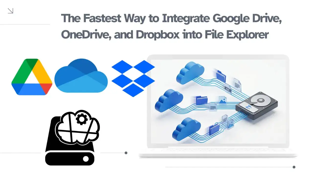 Google Drive, OneDrive, Dropbox in Explorer einbinden. Daten flie&szlig;en von Wolken zu einer Festplatte auf einem Laptop.