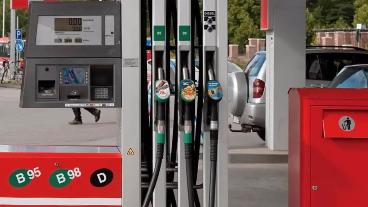 Vid en bensinstation syns pumpar för blyfri bensin (B95, B98) och diesel. En bil står parkerad.