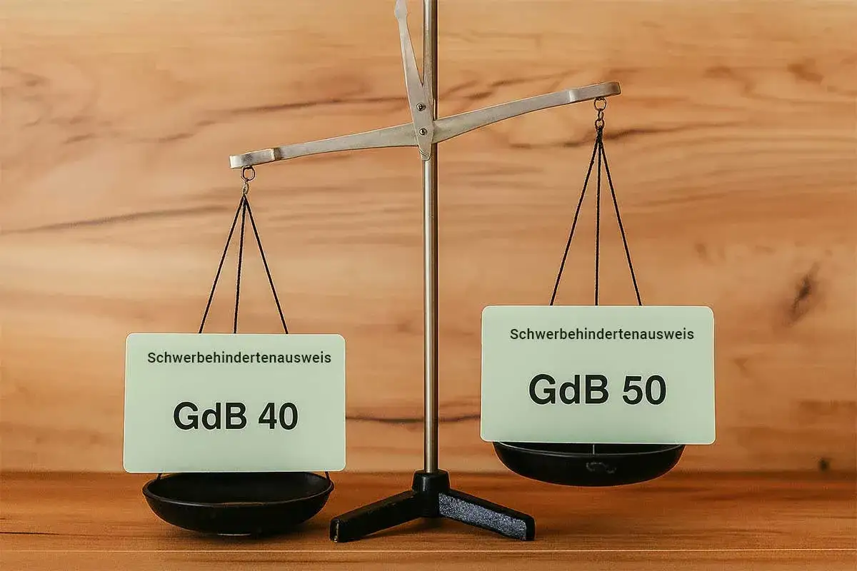 Eine Waage zeigt zwei Schwerbehindertenausweise: GdB 40 und GdB 50. Dies illustriert den Grad der Behinderung, z.B. bei Diabetes.