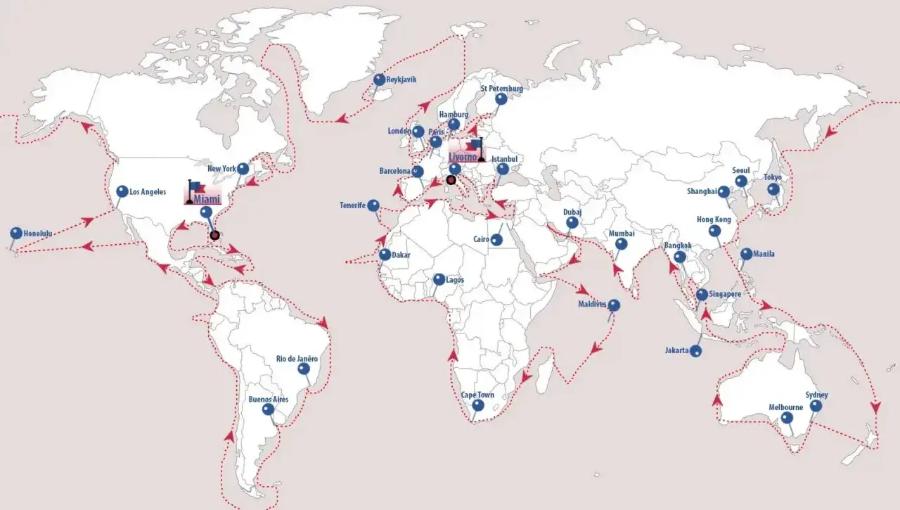 Trasa statku przez ocean atlantycki i inne morza, z przystankami w Miami, Nowym Jorku, Londynie, Stambule i wielu innych miastach.