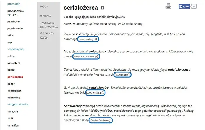 Słownik Korpantego strona wewnętrzna przykładowe hasło