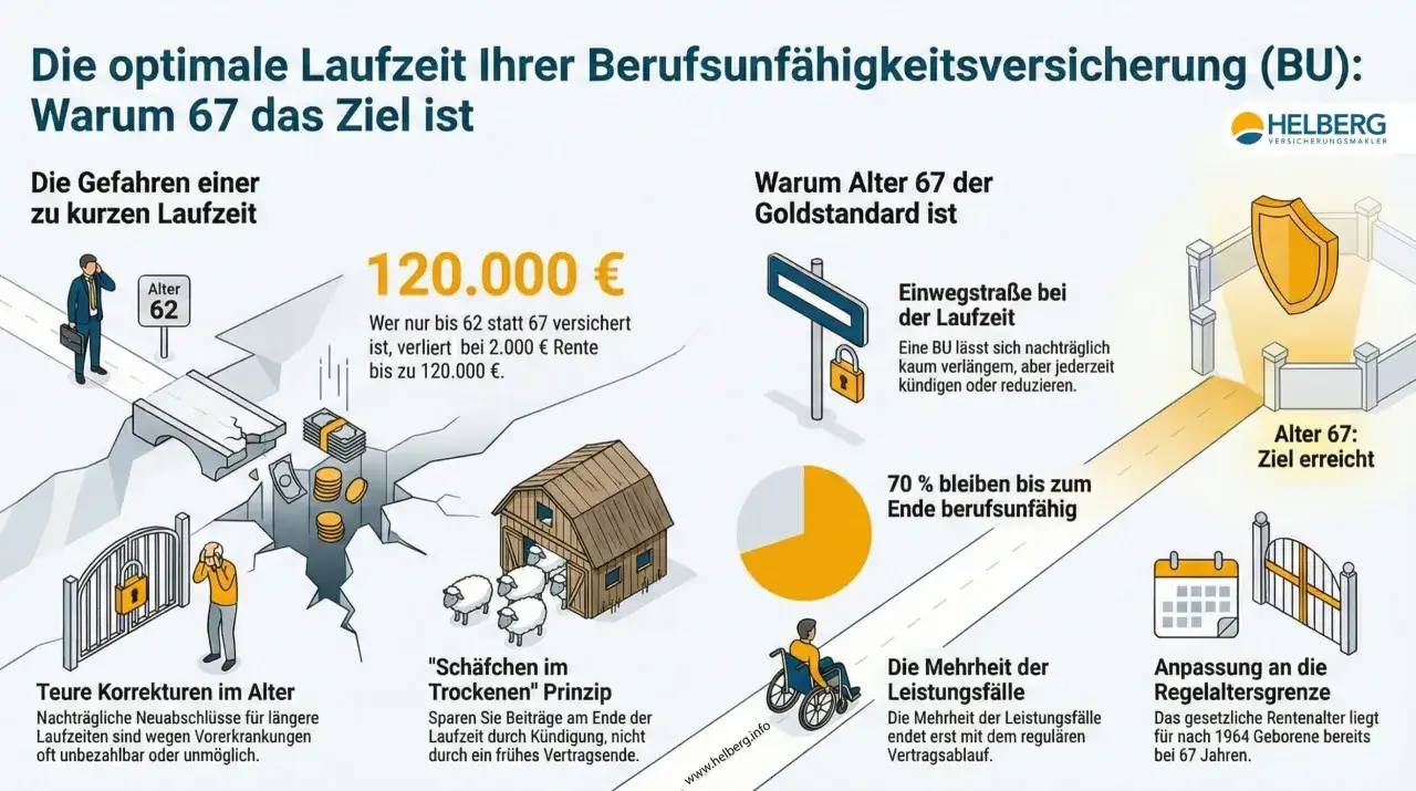 Die optimale BU-Laufzeit: Warum 67 das Ziel ist. Eine BU l&auml;sst sich kaum verl&auml;ngern. Alter 67 ist der Goldstandard.