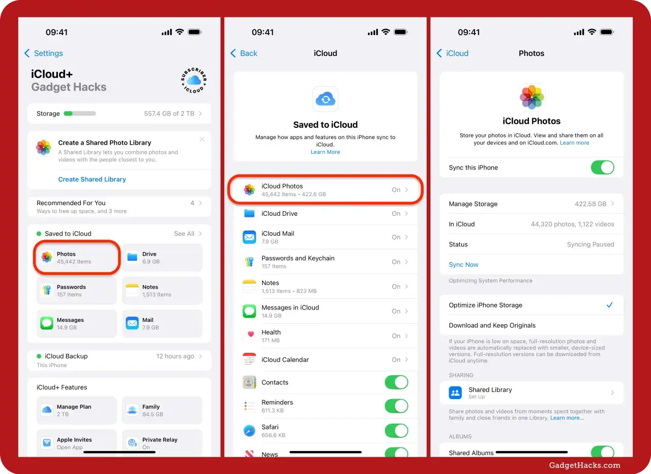 Här visas inställningar för iCloud på en iPhone, inklusive hur du kan rensa systemdata genom att hantera iCloud-foton.
