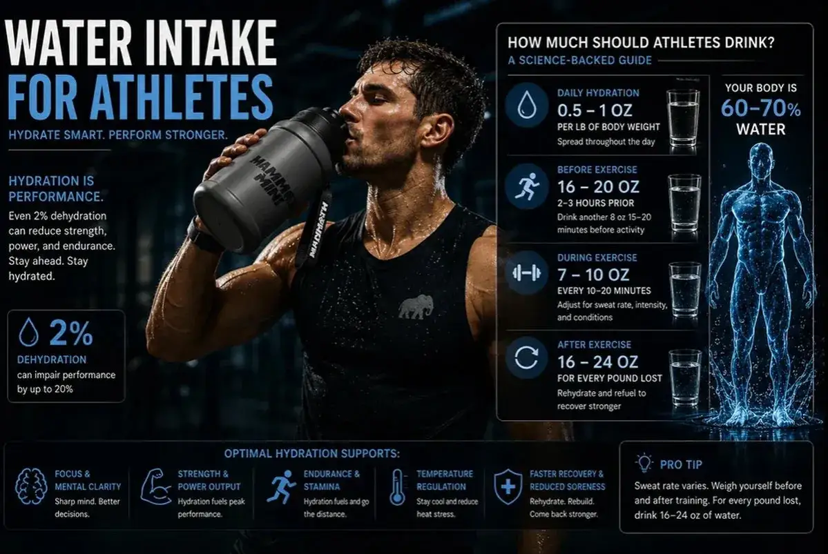 Mężczyzna pije wodę z bidonu. Infografika pokazuje, jak ważne jest, by sportowcy stay hydrated, aby osiągać lepsze wyniki.
