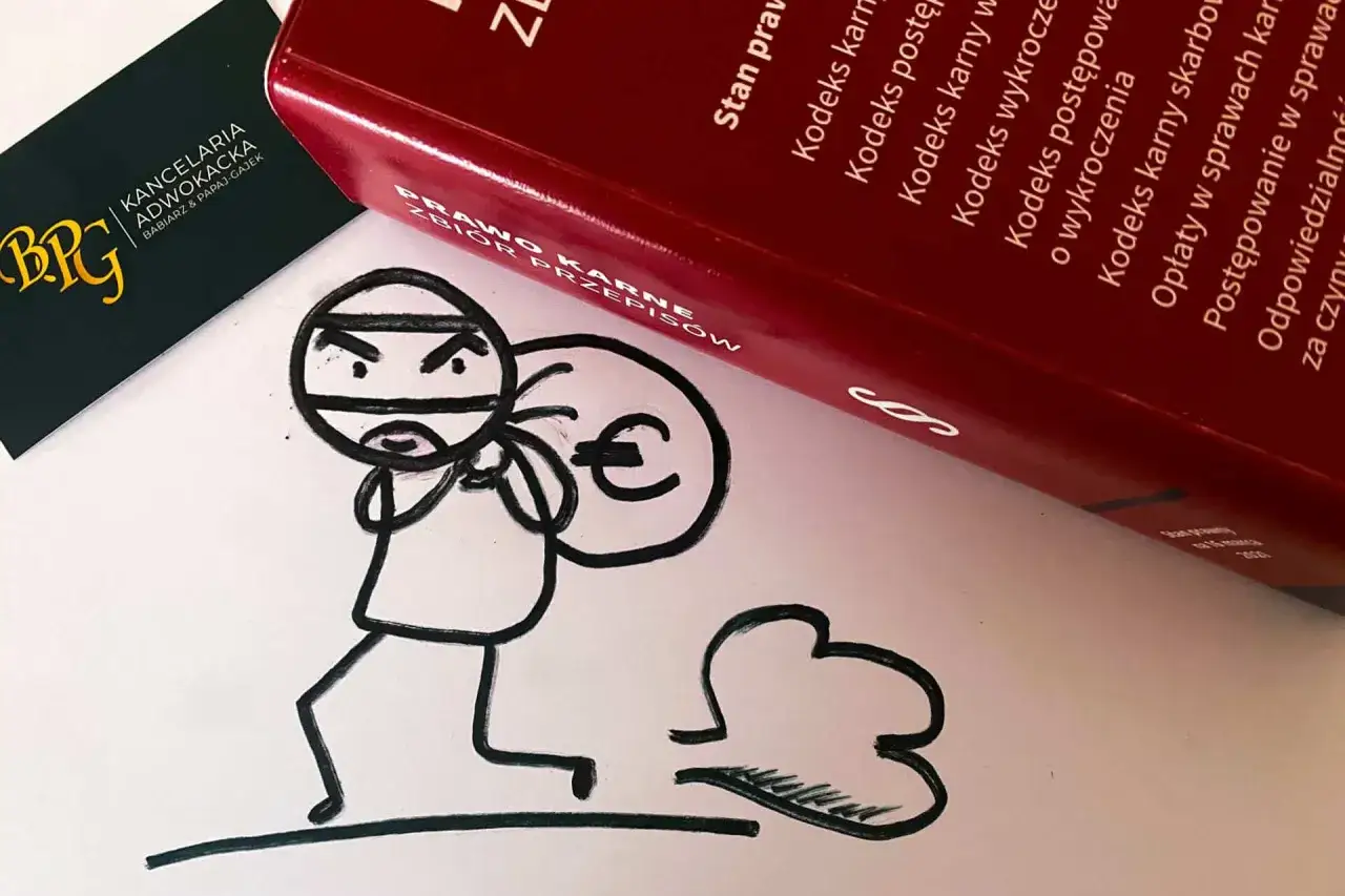 Rysunek złodziejaszka z workiem euro obok książki 