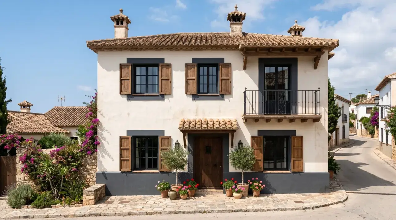 Casa con tejado de tejas, paredes blancas y z&oacute;calo gris oscuro. El exterior de la casa est&aacute; listo para pintar.