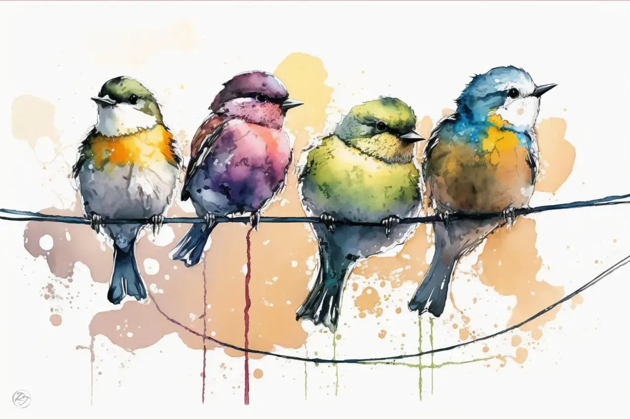 Un charmant dessin oiseau aquarelle, quatre petits oiseaux color&eacute;s perch&eacute;s sur un fil, leurs plumes aux teintes vives se d&eacute;tachant sur un fond abstrait.
