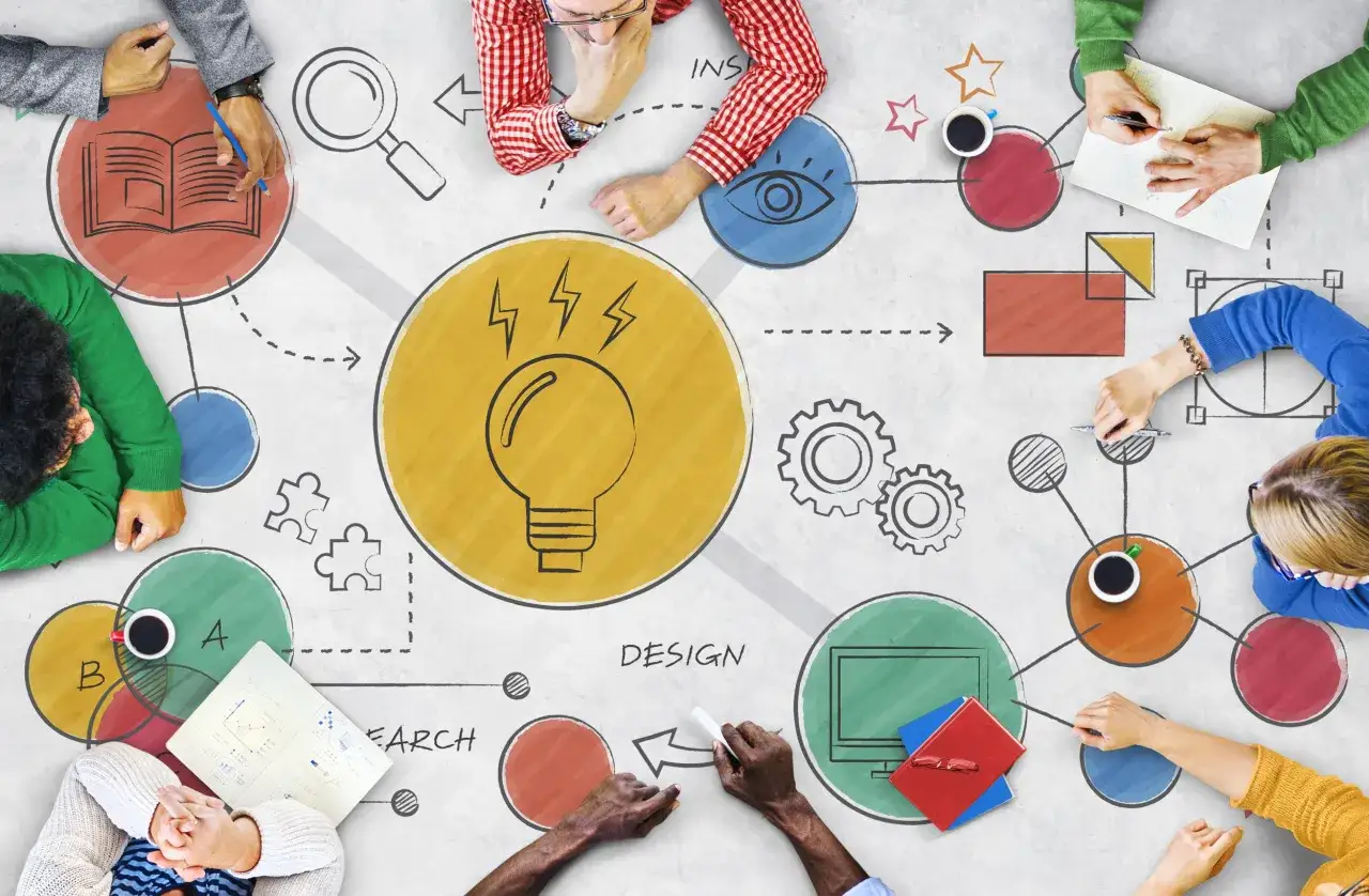 A team brainstorms, fostering creative thinking training. A lightbulb icon symbolizes ideas, connected to research, design, and inspiration.