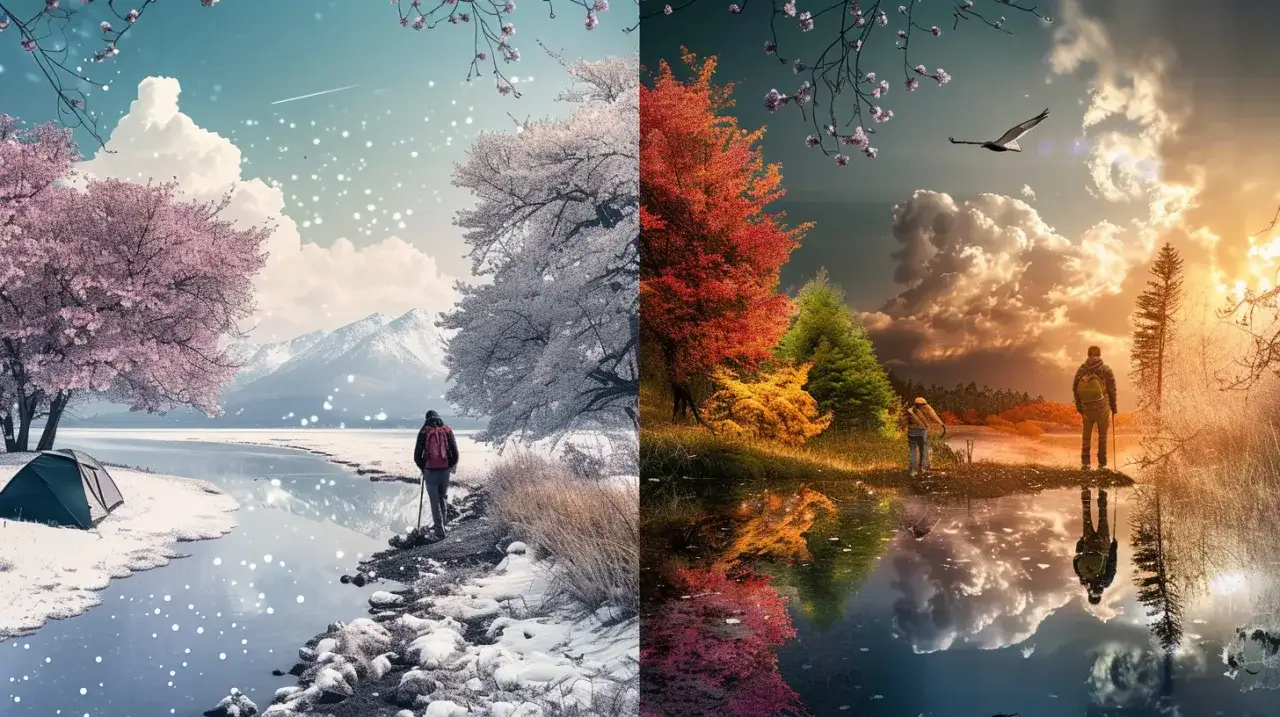 Un paisaje muestra las estaciones en ingl&eacute;s: primavera con flores rosadas, invierno nevado, oto&ntilde;o vibrante y un atardecer dorado.