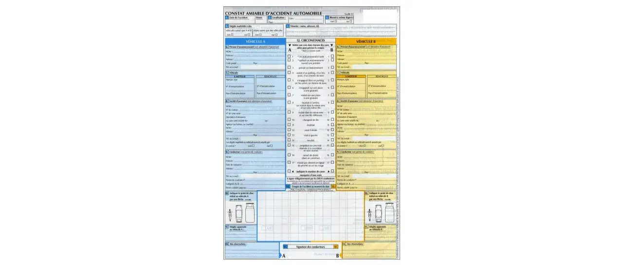 Constat amiable d'accident automobile pour faire un constat en ligne. Ce formulaire permet de déclarer les circonstances d'un accident.