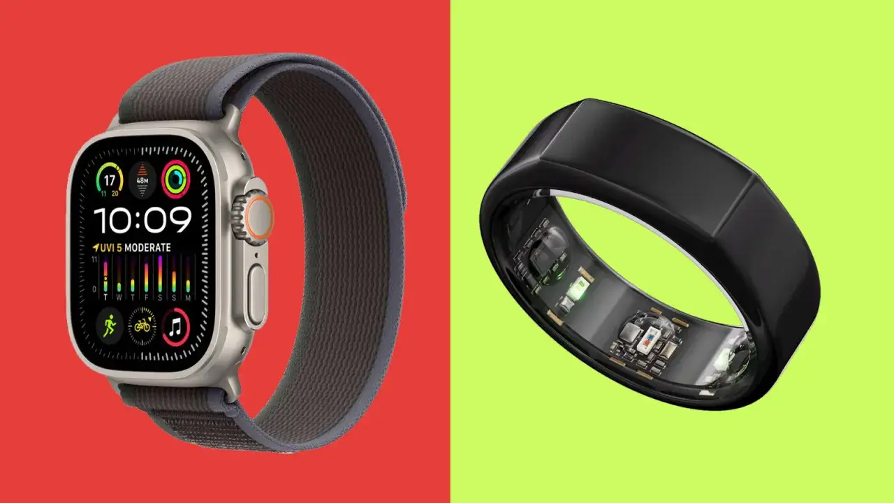 Montre connect&eacute;e Apple et bague connect&eacute;e, deux appareils high-tech pour suivre votre sant&eacute; et vos activit&eacute;s.