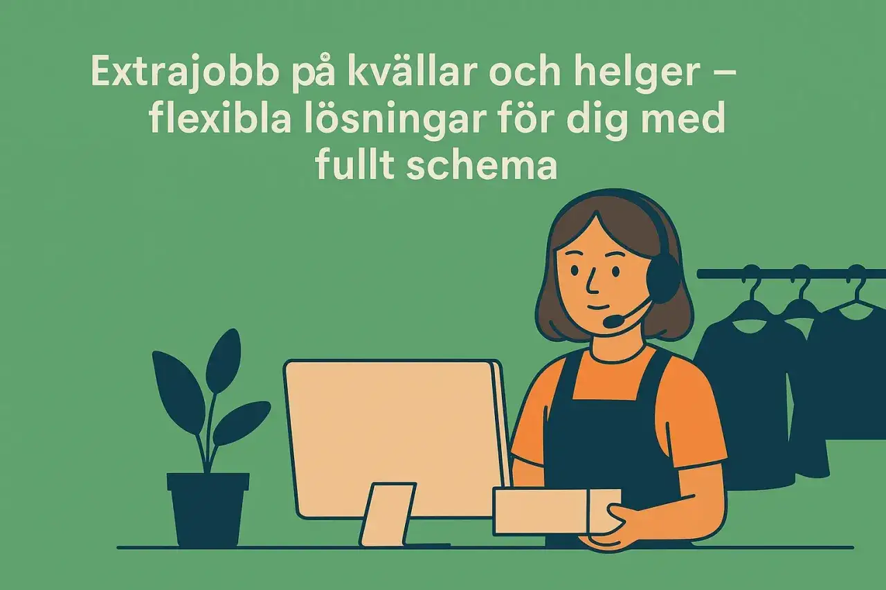 En person med headset vid en dator, som arbetar hemifr&aring;n f&ouml;r en extra inkomst. Bakom syns kl&auml;der p&aring; galgar.