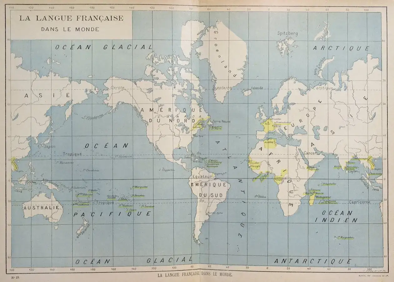 Mapa świata z zaznaczonymi obszarami, gdzie używany jest język francuski.