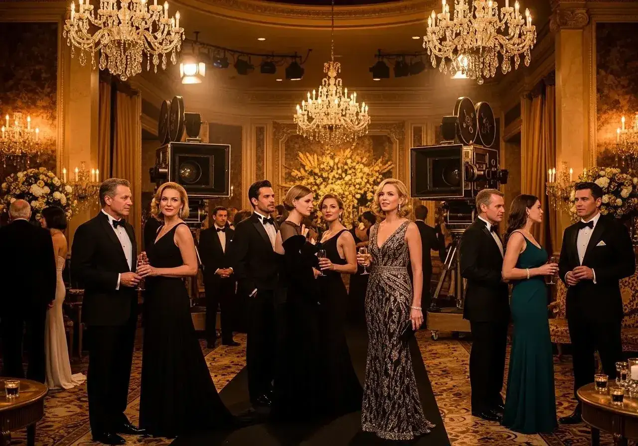 Elegancka gala w stylu hollywoodzkim. Ludzie w strojach wieczorowych, stare kamery filmowe, kryształowe żyrandole.