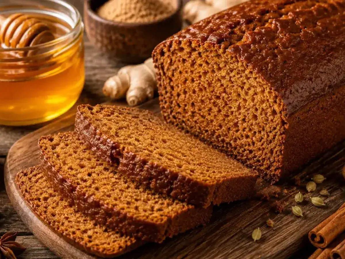 Tranche de pain d'&eacute;pices moelleux, avec du miel, du gingembre et des &eacute;pices.