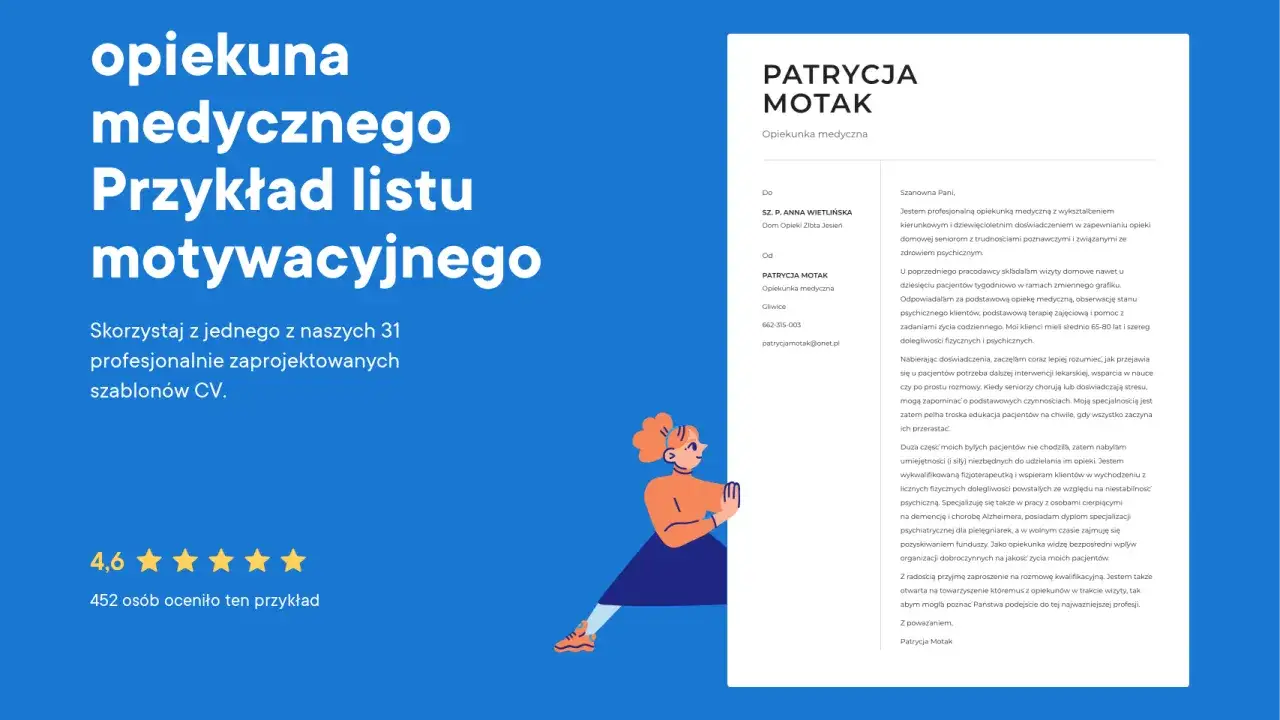 Przykład listu motywacyjnego dla opiekunki medycznej. Dokument zawiera dane kontaktowe, opis doświadczenia i kwalifikacji.