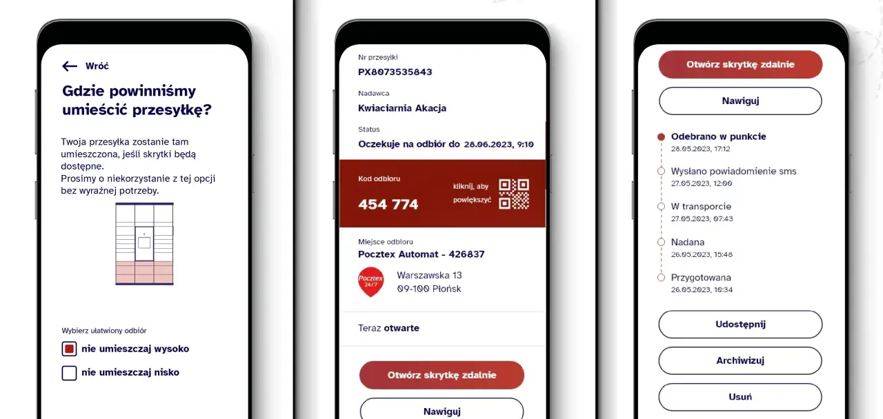 aplikacja Pocztex Mobile interfejs