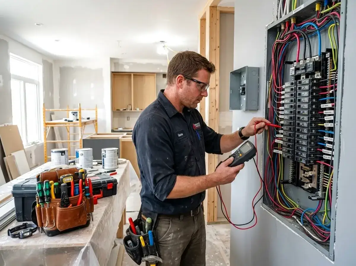 Elektryk sprawdza napięcie multimetrem podczas wymiany instalacji elektrycznej. W tle widać narzędzia i materiały budowlane.