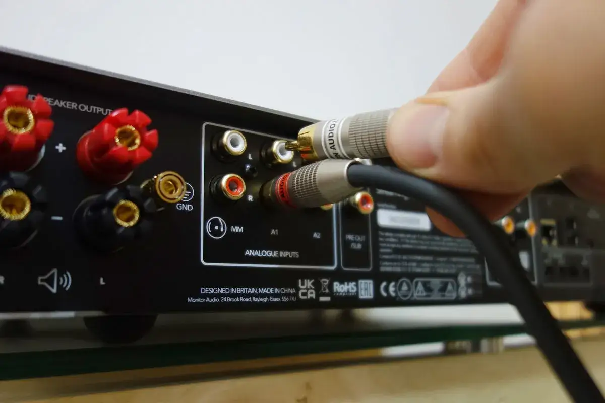 Connexion d'un c&acirc;ble RCA &agrave; une entr&eacute;e analogique d'amplificateur. Un bon **damping factor** assure une r&eacute;ponse des basses pr&eacute;cise.